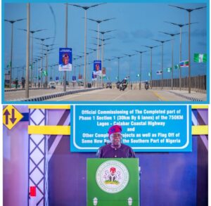 President Tinubu, bottom photo, during the commissioning of the road