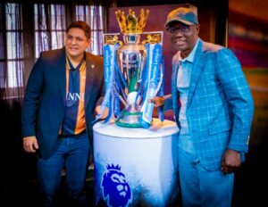 Governor of Lagos State, Mr. Babajide Sanwo-Olu and the Managing Director/CEO, Guinness Nigeria Plc, Girish Sharma with the English Premier League Trophy, during a courtesy visit at Lagos House, Marina on Sunday, May 18, 2025.