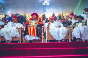 From left: Kano State deputy governor, Aminu Gwarzo; Kano State governor, Kabir Yusuf; former Kano State governor, Senator Rabiu Kwankwaso; and President/CE Dangote Group, Mr Aliko Dangote, at the Fifth Combined Convocation Ceremony and Investiture of Mr Dangote as Chancellor, Aliko Dangote University of Science and Technology, Wudil, Kano State, May 10, 2025.