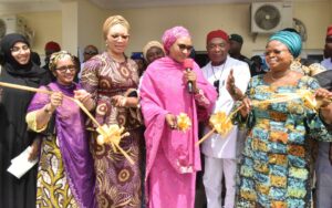 Wife of the Vice President/Representative of Nigeria's First Lady, Hajiya Nana Shettima (Centre), Governor Hope Uzodimma (third right), his wife, Chioma (third left), wife of the Speaker, House of Representatives, Hajiya Fatima Tajudeen Abbas (second left) and Senior Special Assistant to the President on SDGs, Princess Adejoke Orelope-Adefulire, during the Commissioning of 'Her Excellency Mother and Child Centre' at Awo-Omamma General Hospital, Oru-East LGA, Imo State.... Tuesday