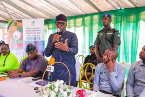 Chief of Staff, Mr. Niyi Adebayo, who represented Governor Oyebanji, speing at the official launch of the Odu’a Agro-Industrial Hub and flag-off of the SWAgCo-BATNF Sustainable Development of Maize Micro-Enterprise Farmers Project in Oke-Ako