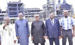 L-R: ECOWAS Commissioner for Internal Affairs; Prof. Nazifi Abdullahi Darma; President of the ECOWAS Commission; H. E. Dr. Omar Aliau Touray; President/ CE, Dangote Industries Ltd; Aliko Dangote; ECOWAS Commissioner for Infrastructure, Energy and Digitalisation; Sédiko Douka; Chairman, MRS Oil Nigeria Plc, Sayyu Dantata;; During President of the ECOWAS Commission and His Team Visit to Dangote Petroleum Refinery and Fertiliser Plant in Lekki, Lagos on Thursday,; May 29, 2025.,