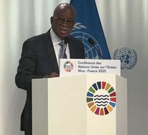 Honourable Minister of Marine and Blue Economy, His Excellency Adgboyega Oyetola CON, addressing the United Nations Ocean Conference in Nice, France on Tuesday 10th June 2025.