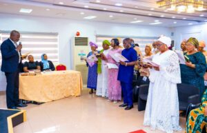 Iyaloja General, Chief (Mrs) Folashade Tinubu-Ojo (right) and members of the new Lagos Market Advisory Council being administered Oath, presided by Governor of Lagos State, Mr. Babajide Sanwo-Olu at the Lagos House, Alausa, Ikeja, on Monday, 23 June, 2025.