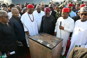 President Tinubu, Umahi, others during the commissioning of the Lekki Deep Sea Port Access Road at the Dangote Refinery and Petrochemical Plant