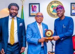 L-R: President, International Real Estate Federation (FIABCI) Nigeria chapter, Mr. Akin Opatola; FIABCI President, Africa and Near East Region, Mr. Adeniji Adele receiving the Lagos State government plaque from the Governor, Mr. Babajide Sanwo-Olu during a courtesy visit at Lagos House, Marina, on Wednesday, 4th June, 2025