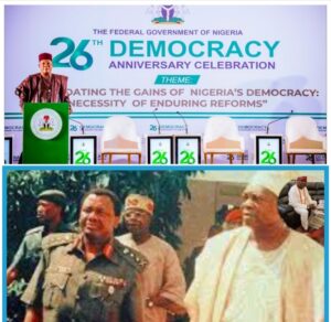 Top photo: Vice President Kashim Shettima, who represented President Bola Ahmed Tinubu, addressed attendees at the 26th Democracy Day Lecture held at the Presidential Villa, Abuja, where he honoured the legacy of late Chief MKO Abiola and praised President Tinubu's commitment to democratic governance and national unity. Bottom: From right, Abiola, Tinubu, then a Senator, and Gen Abacha