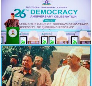 Top photo: Vice President Kashim Shettima, who represented President Bola Ahmed Tinubu, addressed attendees at the 26th Democracy Day Lecture held at the Presidential Villa, Abuja, where he honoured the legacy of late Chief MKO Abiola and praised President Tinubu's commitment to democratic governance and national unity. Bottom: From right, Abiola, Tinubu, then a Senator, and Gen Abacha during negotiation for June 12, 2993 election victory actualisation