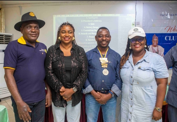 From left: Outgoing President of Rotary Club of Ikeja-Alausa Central, Rotarian Muyiwa Akintunde; wife of the incoming President, Mrs. Nkechi Oyelami; incoming President Rotarian Moses Oyelami; and Past President, Rotarian Adebukunola...at the handover ceremony on Friday