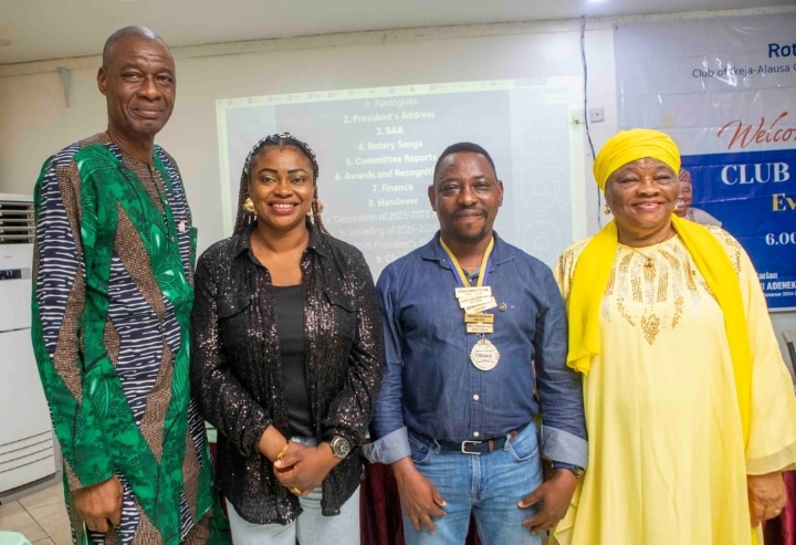 From left; Assistant Governor of Rotary Club of Ikeja-Alausa Central, Rotarian Ibraheem Adebayo, wife of incoming President, Mrs. Nkechi Oyelami; incoming President, Rotarian Moses Oyelami; and incoming club AG, Rotarian Modupe Bankole-Erikitola... at the handover ceremony on Friday