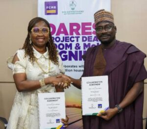 The Managing Director/CEO, First City Monument Bank (FCMB), Mrs. Yemisi Edun, and the Managing Director/CEO of the Rural Electrification Agency (REA), Mr. Abba Aliyu, at the launch of FCMB’s ₦100 billion facility for the Distributed Access through Renewable Energy Scale-Up (DARES) project and the signing of a Memorandum of Understanding with REA on June 19, 2025, in Lagos. The facility is designed to accelerate electricity access for two million households across Nigeria