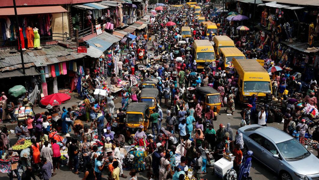 An overcrowded bus stop in Lagos.