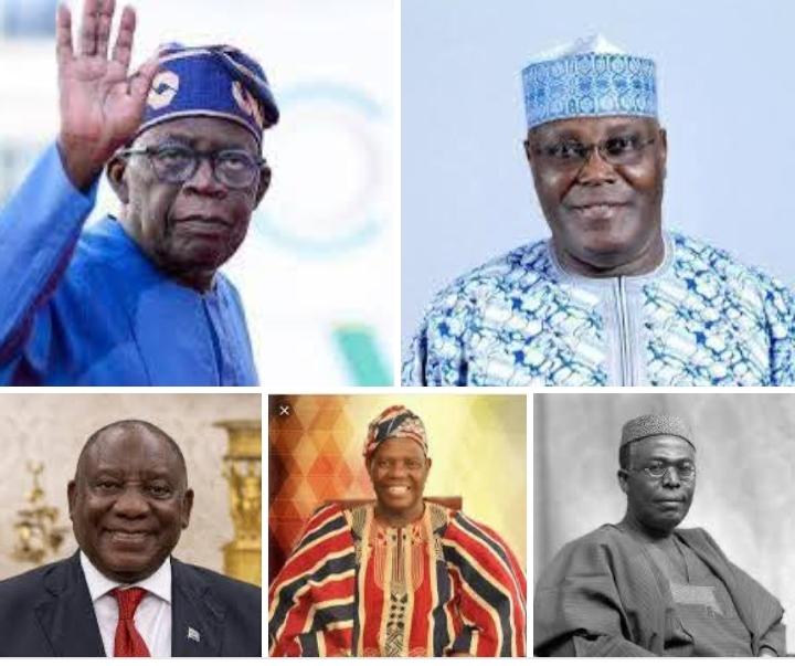 Clockwise from top left, President Tinubu, Atiku Abubakar, Chief Awolowo, Chief Akande and President Cyril Ramaphosa of south Africa