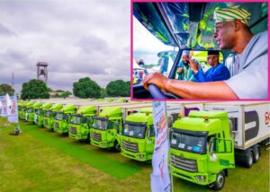 Fleet of Cold and Dry Trucks for logistics as part of the infrastructure for the Produce for Lagos Program during the official launch and ₦500 Billion Offtake Guarantee Fund, at the Lagos House, Alausa, Ikeja, on Wednesday, July 23, 2025. Inset (from right): Chief host/Governor Lagos State, Mr. Babajide Sanwo-Olu; his counterparts, Governors of Ogun and Niger States, Prince Dapo Abiodun and Farmer Mohammed Umar Bago during the commissioning of the trucks at the event, held at the Lagos House, Alausa, Ikeja.
