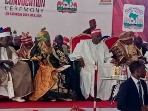 Kwankwaso; Emir of Kano, Muhammad Sanusi 11; Emir of Lafian Bare-Bari and Chancellor of the university, Justice Sidi Bage Muhammad 1, during the convocation ceremony on Saturday