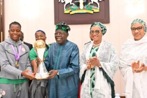 President Bola Ahmed Tinubu; First Lady, Senator Oluremi Tinubu and Wife of the Vice President, Hajia Nana Shettima in a group photograph with victorious Super Falcons during the President Tinubu reception with them at the Presidential Villa Abuja on Monday. Photo: State House