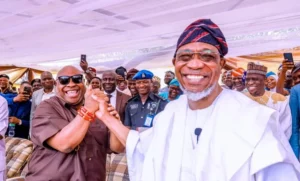 File. Adeleke and Rauf Aregbesola before their relationship went sour