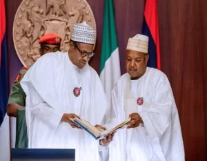 Former President Muhammadu Buhari and Senator Abubakar Bagudu. File photo