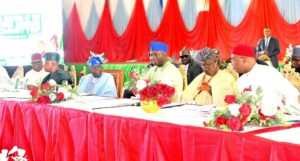 From left, Akpabio, VP Shettima, President Tinubu, Professor Yilwatda, Gov Uzodimma, extreme right and others