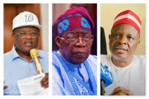 From left, Engineer Dave Unahi, President Bola Tinubu and Senator Raiu Kwankwaso