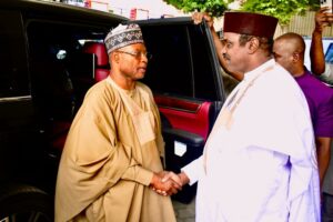 L-R: His Excellency, the Governor of Kaduna State being received by the Hon. Minister of Transportation, Senator Said Ahmed Alkali when the Governor visited him in his office recently.