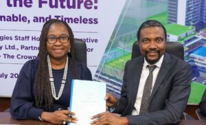 The Managing Director/CEO, First City Monument Bank (FCMB), Mrs. Yemisi Edun, and the President of TotalEnergies Staff Housing Cooperative Multipurpose Society Ltd (TEHC), Mr. Louis Ogbeifun, at the signing of a $40m facility from FCMB to fund the construction of phase 1 of TEHC’s Louisville residential apartments in Eko Atlantic City, Lagos. The event took place on July 16, 2025 in Lagos