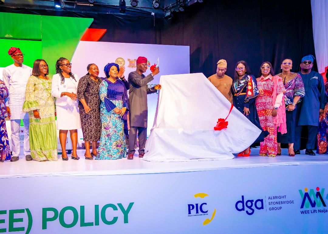 Lagos State Governor, Mr. Babajide Sanwo-Olu (middle); his Deputy, Dr. Obafemi Hamzat (5th right); Commissioner for Women Affairs and Poverty Alleviation, Mrs Bolaji Dada (4th right); member, Lagos State House of Assembly, Princess Omolara Oyekan-Olumegbon (3rd right); Permanent Secretary, Public Service Office, Mrs Olasunkanmi Oyegbola (2nd right); wife of Deputy Governor, Oluremi Hamzat (5th left); representative of Minister of Women Affairs, Mrs. Agnes Abraham (4th left); Chief of Staff to the Lagos State Governor, Mr. Tayo Ayinde (right) and others, during the official launch of Women Economic Empowerment (WEE) Policy roadmap in Lagos State, at the Muson Centre, Onikan on Tuesday, July 22, 2025.