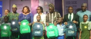 L-R: Special Adviser, Ministry of Women Affairs, Ogun State Hon Ayotunde Lawal,; Director of Cooperative Services, Ogun State, Mr. Mustapha Samuel; Managing Director/Chief Executive Officer, Fidelity Bank Plc, Dr Nneka Onyeali-Ikpe; First Lady of Ogun State, Her Excellency Mrs. Bamidele Abiodun; Commissioner for Education, Ogun State, Professor Abayomi Arigbabu; Executive Director -Lagos & South West, Dr. Ken Opara; and Executive Director -North, Mr. Sufiyanu Garba (both of Fidelity Bank Plc); at the launch of the Fidelity Solar Powered Bags in Abeokuta, Ogun State recently.