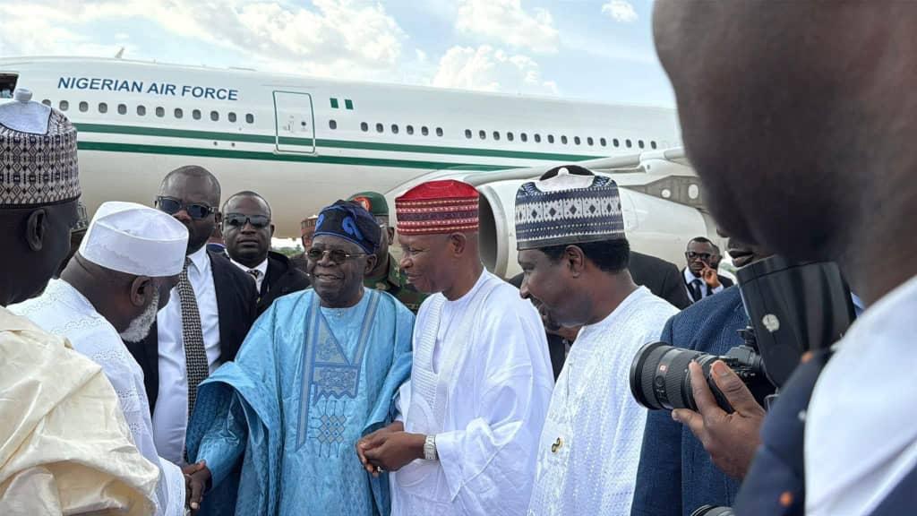 President Tinubu is received in Kano by Governor Yusuf and others