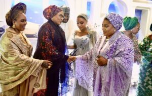 L-R, the mother of the groom, Hajiya Zainab Alkali, introduces the mother of the bride to the wife of the Vice President of the Federal Republic of Nigeria. Hajiya Nana Kashim Shettima. Middle is the beautiful bride, Salaha, at the wedding reception in Abuja. 05-07-2025.