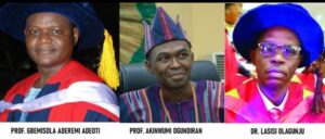 From left, Professor Gbemisola Aderemi Adeoti, Professor Akinwumi Ogundiran, Dr. Lasisi Olagunju