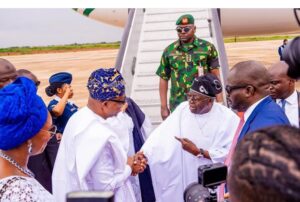 President Tinubu being welcomed by Governor Abiodun at Gateway Airport