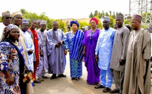 Director Overseeing the Office of the Permanent Secretary Transportation middle with the Directors in the Transportation Ministry in a picture after the wedding Fatiha of Faruk Saidu Alkali, Son of Minister of Transportation, Sen. Said A. Alkali, and Salaha Abdulaziz, on July 4th, 2025. At Sultan Bello Mosque, Kaduna.