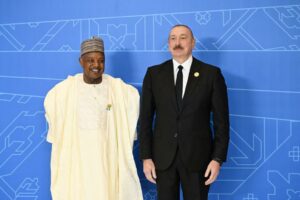 Minister of Budget and Economic Planning, Senator Abubakar Bagudu (left), and Azerbaijan President Heydar Oghlu Aliyev, during the 17th Summit of the Economic Cooperation Organisation in Khankhendi, Azerbaijan, on Friday, 04/07/25