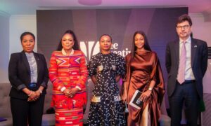 L-R- Abimbola Ozomah, Executive Director, Polaris Bank; Mojisola Hunponu-Wusu, Founder/CEO, Woodhall Capital; Sola Carrena, MD/CEO, Helios Investment; Onyinyechi Aderigbigbe, Head, Brands & Marketing, Woodhall Capital; Jonny Baxter, British Deputy High Commissioner at the signing ceremony of the N1.5bn Creative Sector Fund & Launch of the Creative Currency Podcast at the weekend, Lagos