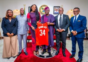 L-R: Chief Communications Officer, NBA Africa, Ope Lawal; Chairman/CEO of Yinka Folawiyo Group and NBA Investor, Mr. Tunde Folawiyo; Two-time WNBA All Star, Chiney Ogwumike; Governor of Lagos State, Mr. Babajide Sanwo-Olu; Senior Vice president, COO at NBA Africa, Nakampe Molewa and the Chief Commercial Growth Officer, NBA, Getachew Yebeltal, during a courtesy visit at the Lagos House, Marina, recently.