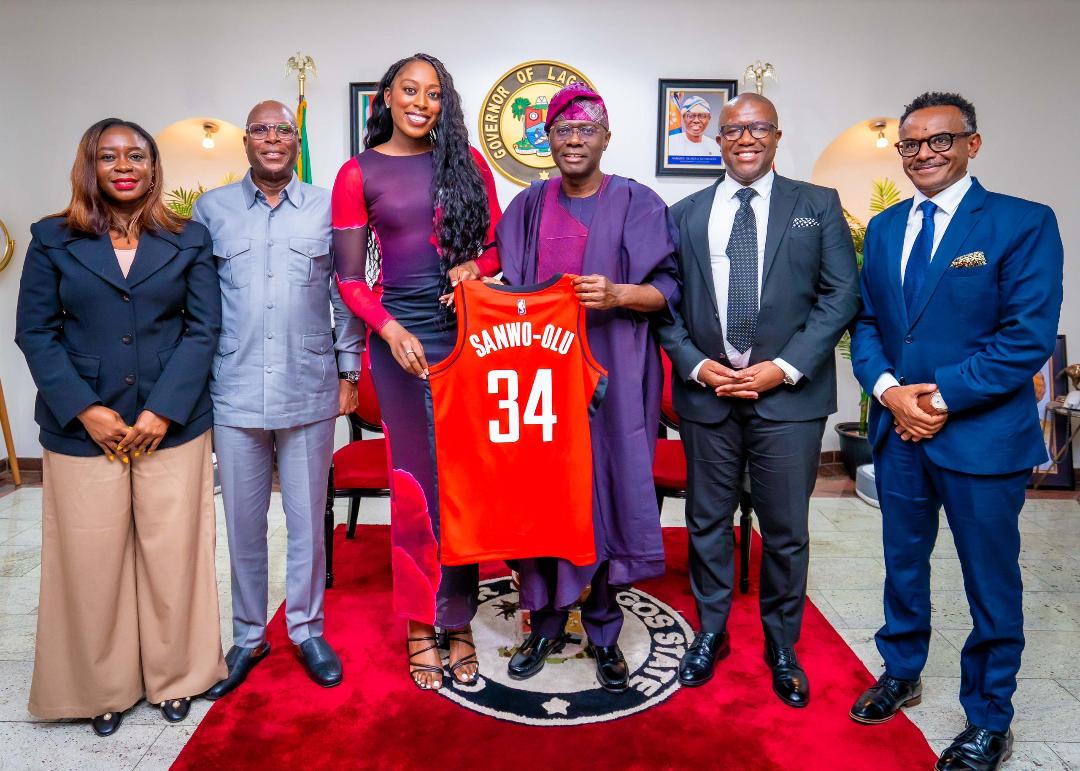 L-R: Chief Communications Officer, NBA Africa, Ope Lawal; Chairman/CEO of Yinka Folawiyo Group and NBA Investor, Mr. Tunde Folawiyo; Two-time WNBA All Star, Chiney Ogwumike; Governor of Lagos State, Mr. Babajide Sanwo-Olu; Senior Vice president, COO at NBA Africa, Nakampe Molewa and the Chief Commercial Growth Officer, NBA, Getachew Yebeltal, during a courtesy visit at the Lagos House, Marina, recently.