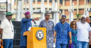 L-R Special Adviser to the Governor on E-Gis & Urban Development, Dr. Olajide Babatunde; Lagos State Governor, Mr. Babajide Sanwo-Olu; Commissioner for Physical Planning & Urban Development, Dr. Olumide Oluyinka; Permanent Secretary, Office of Physical Planning, Engr. Oluwole Sotire; Chief Resilience Officer, Lagos State Resilience Office (LASRO), Dr. Folayinka Dania; GM, Lagos State Building Control Agency (LASBCA), Arc. Gbolahan Oki, during a 1-Day Sensitization Programme on the Incessant Building Collapse in Nigeria and Launch of the Lagos Certified Structural Integrity Program (CSIP) at Tafawa Balewa Square on Wednesday, August 13, 2025.