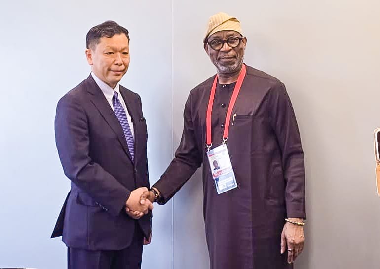 Honourable Minister of Solid Minerals Development, Dr.Dele Alake in a warm handshake with President, Japan Organisation for Metals and Energy Security, Mr.Michio Daito after the talks in Yokohama on the sideline of just-concluded 9th Tokyo International Conference for African Development