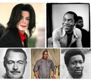 Clockwise from top left, Michael Jackson, Fela Anikulapo Kuti, Professor Wole Soyinka, K1 De Ultimate (Ayinde Marshal) and Ernest Miller Hemingway