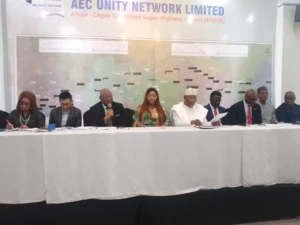 Dr Kenny Martins and other members of AEC Unity Network Limited at the press briefing in Lagos
