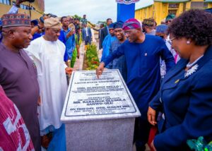 Commissioner for Tertiary Education, Mr. Tolani Sule; Minister of Education, Dr. Tunji Alausa; Lagos State Deputy Governor, Dr. Obafemi Hamzat; Governor Babajide Sanwo-Olu and the Vice Chancellor of LASU, Prof. Ibiyemi Tunji-Bello during the commissioning of the newly built multi-purpose Auditorium, donated by Mr. Bello at Lagos State University (LASU), Epe Campus, on Wednesday, 20th August, 2025.