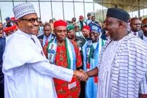 L-R, Former President Buhari, Rotimi Amaechii and Okorocha