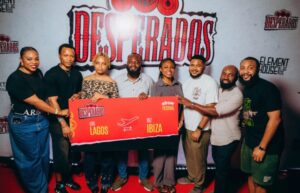 L-R: Onyebuchi Allanah; Senior Brand Manager, Flavored Portfolio, Nigerian Breweries Plc; Moyosoreoluwa Christopher; Rhema Afamuefunah; Victor Amaechi; Chidera Mbaogu; Chukwuemeka Erivo; (winners of the Desperados all-expense-paid trip to elrow Festival in Ibiza); Sampson Oloche, Portfolio Manager, Beyond Beer, Nigerian Breweries Plc; and Delnoi Otsemobor, Director, Spektrum Entertainment; during the presentation of tickets to winners of the elrow Festival Ibiza Trip sponsored by Desperados Beer at Element House, held over the weekend at Livespot Entertarium, Lekki, Lagos