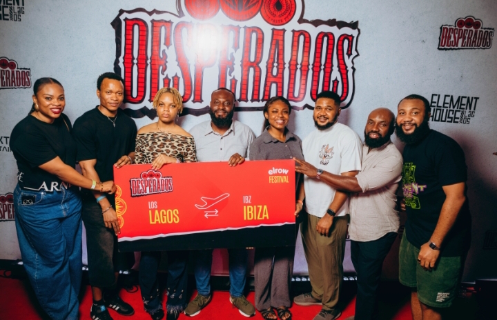 L-R: Onyebuchi Allanah; Senior Brand Manager, Flavored Portfolio, Nigerian Breweries Plc; Moyosoreoluwa Christopher; Rhema Afamuefunah; Victor Amaechi; Chidera Mbaogu; Chukwuemeka Erivo; (winners of the Desperados all-expense-paid trip to elrow Festival in Ibiza); Sampson Oloche, Portfolio Manager, Beyond Beer, Nigerian Breweries Plc; and Delnoi Otsemobor, Director, Spektrum Entertainment; during the presentation of tickets to winners of the elrow Festival Ibiza Trip sponsored by Desperados Beer at Element House, held over the weekend at Livespot Entertarium, Lekki, Lagos