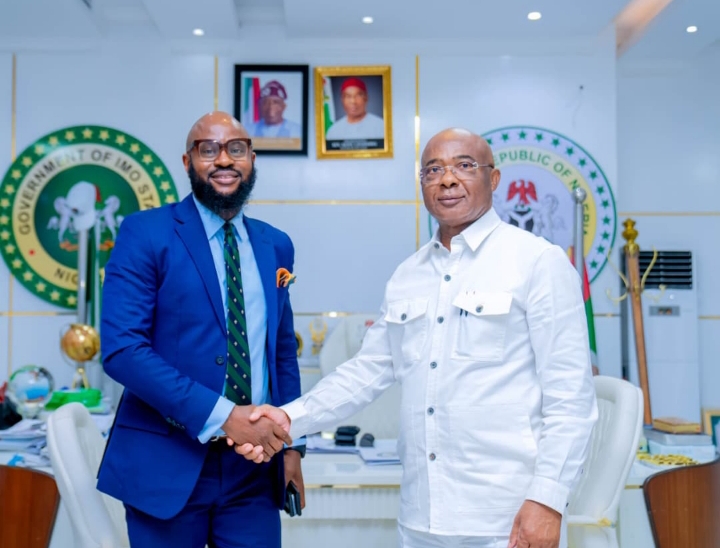 Governor Hope Uzodimma of Imo State with Mr. Adeniyi Odejobi who led the management team of Globalcom Limited to a partnership meeting with the Governor at Government House Owerri... Tuesday --