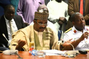 The Hon. Minister of Transportation, Sen. Said Ahmed Alkali, addresses the Adhoc Committee on Baro Inland Dry Port at the National Assembly Complex recently.