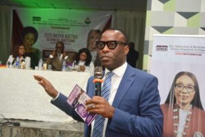 Managing Director of ANOH Gas Processing Company, Engr. Effiong Okon, delivering his goodwill message at the sixth Mayen Adetiba Technical Boot Camp, held at Yaba College of Technology, Lagos