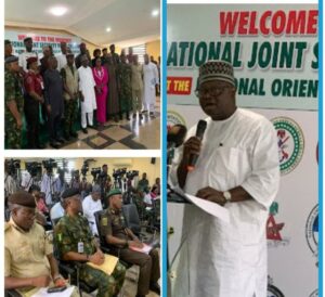 DG, National Orientation Agency, NOA, Mallam Lanre Issa-Onilu, right, during the Monthly Joint Security Press Briefing in Abuja.