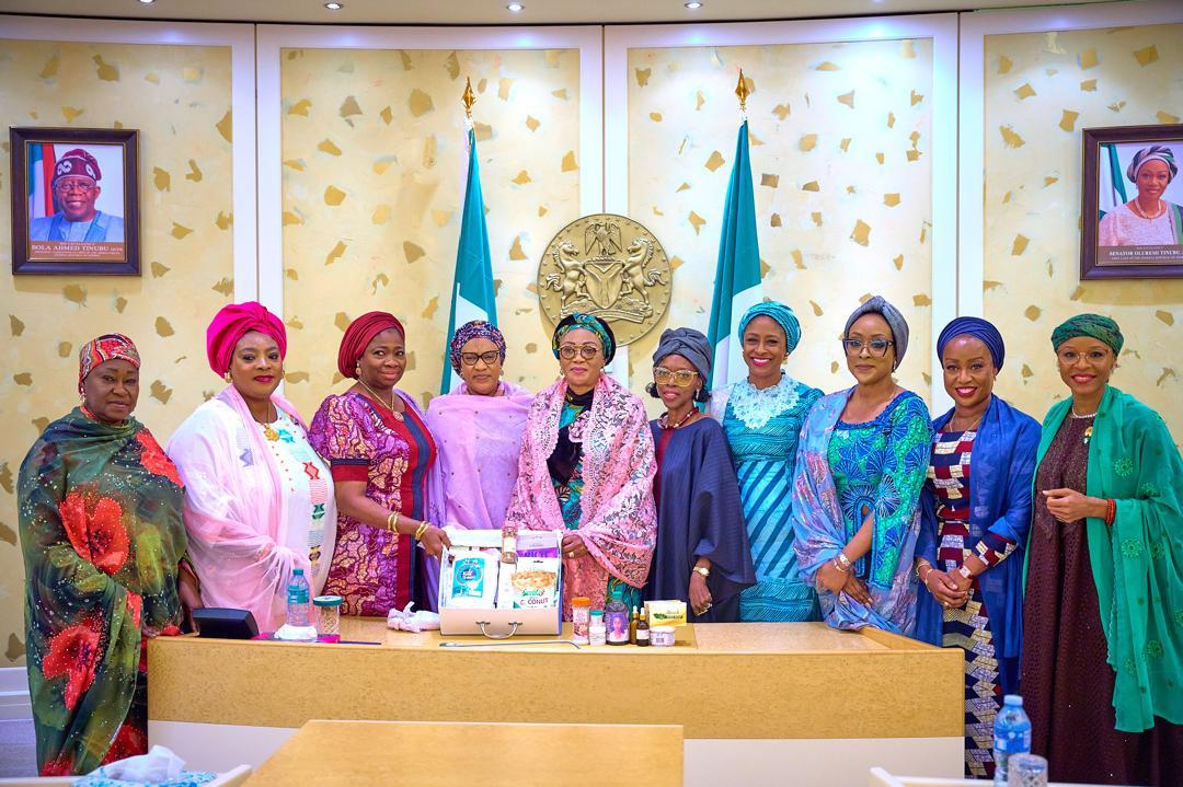 First Lady oluremi Tinubu, cente, when the Forum of Female Chief Executives Officers of Government Agencies and Organizations paid her a visit in the Villa